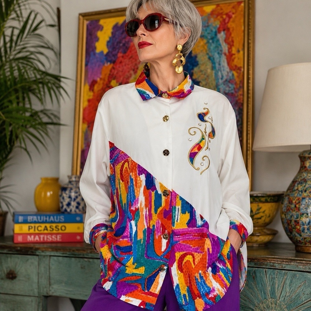 Vtg Wearable Art Blouse Jacket Sz L 14-16 Colorblock Abstract Embellished Artsy